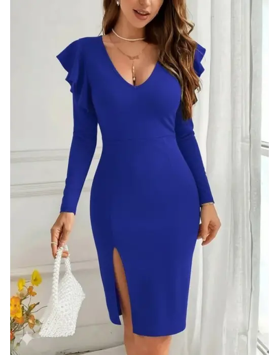 Kadın Uzun Kollu V Yakalı Yandan Yırtmaçlı Midi Ithal Krep Elbise