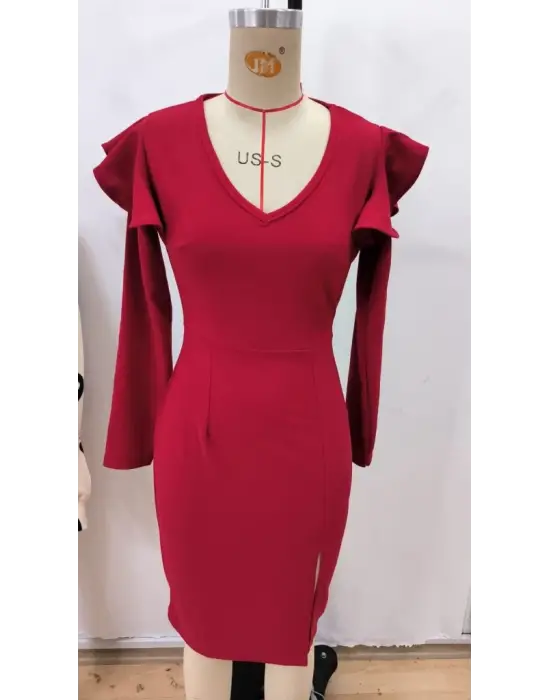 Kadın Uzun Kollu V Yakalı Yandan Yırtmaçlı Midi Ithal Krep Elbise