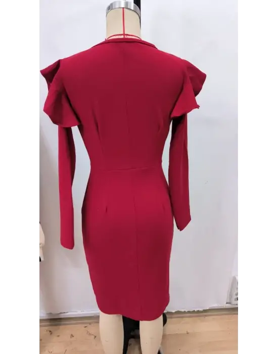 Kadın Uzun Kollu V Yakalı Yandan Yırtmaçlı Midi Ithal Krep Elbise