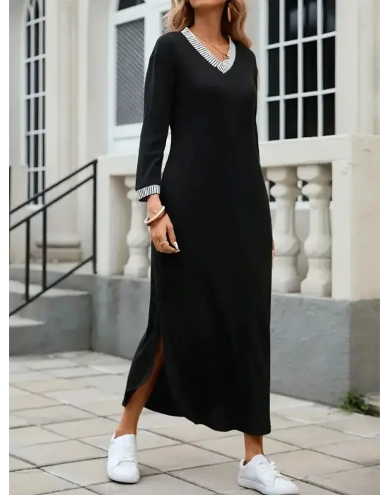Kadın Uzun Kollu V Yakalı Yanlardan Yırtmaçlı Uzun Viskon Iki Iplik Elbise