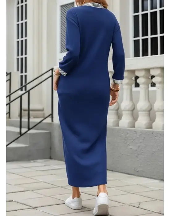 Şık V Yakalı Yanlardan Yırtmaçlı Kadın Elbise