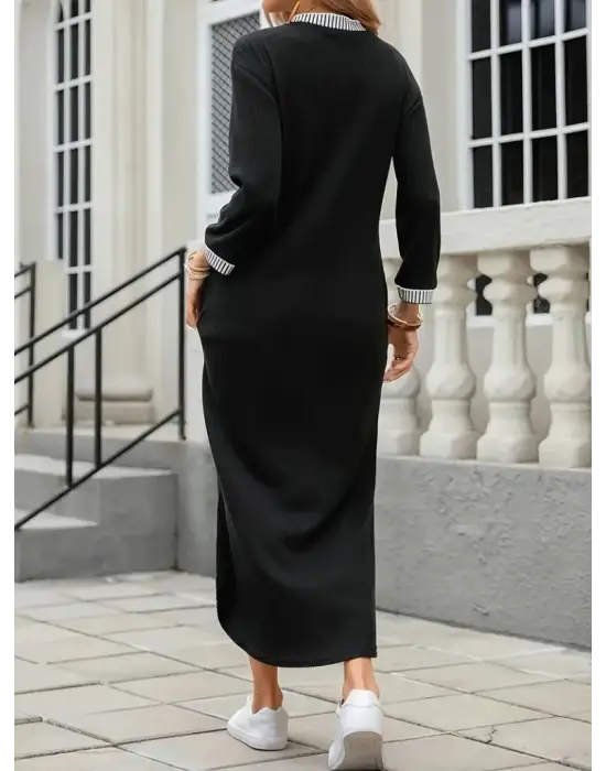 Göz Alıcı V Yakalı Uzun Viscon Elbise