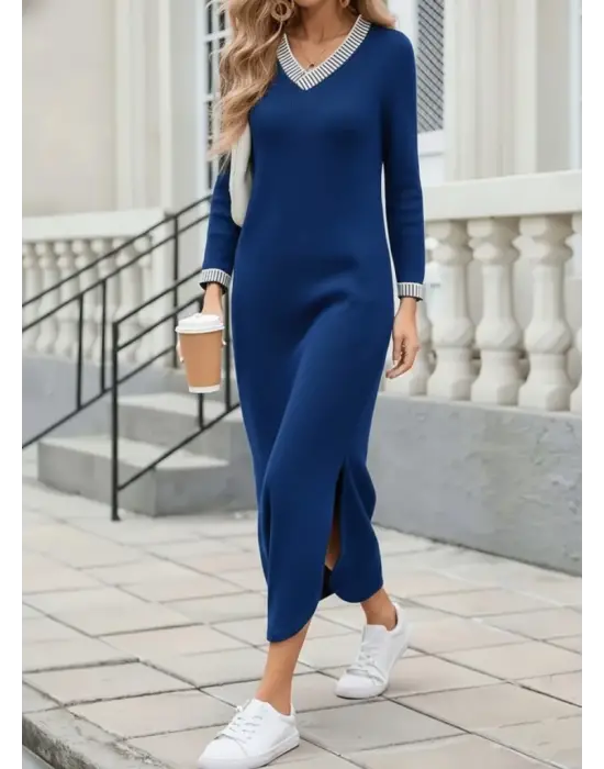 Şık V Yakalı Yanlardan Yırtmaçlı Kadın Elbise