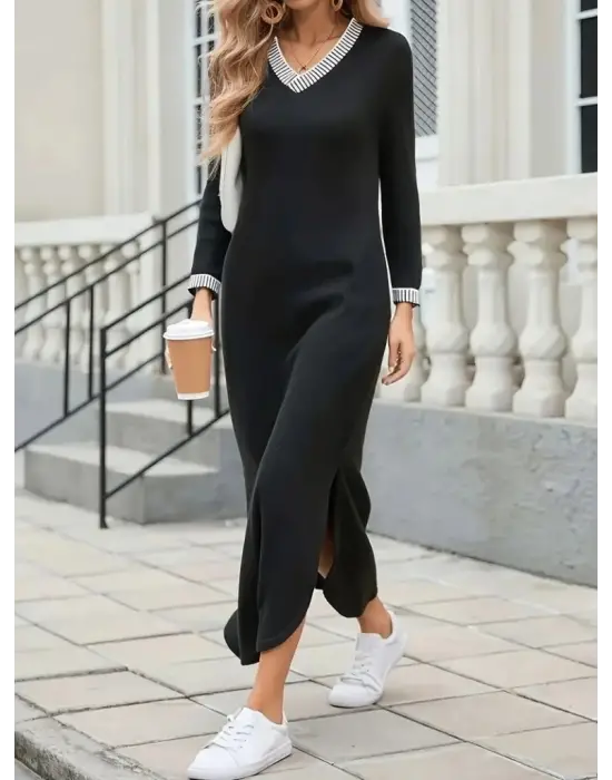 Kadın Uzun Kollu V Yakalı Yanlardan Yırtmaçlı Uzun Viskon Iki Iplik Elbise