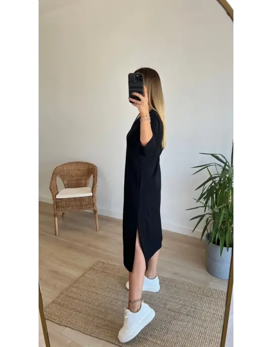 Kadın Uzun Kollu V Yakalı Yanlardan Yırtmaçlı Viskon Iki Iplik Midi Elbise