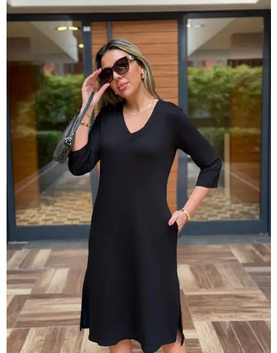 Kadın Uzun Kollu V Yakalı Yanlardan Yırtmaçlı Viskon Iki Iplik Midi Elbise