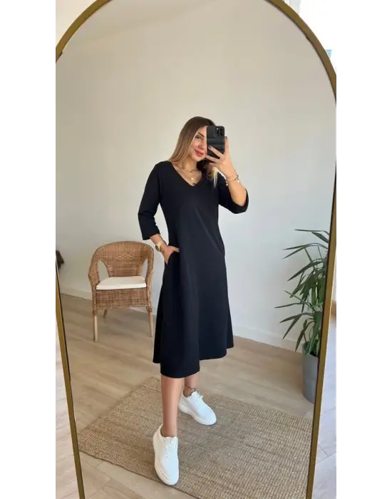 Kadın Uzun Kollu V Yakalı Yanlardan Yırtmaçlı Viskon Iki Iplik Midi Elbise