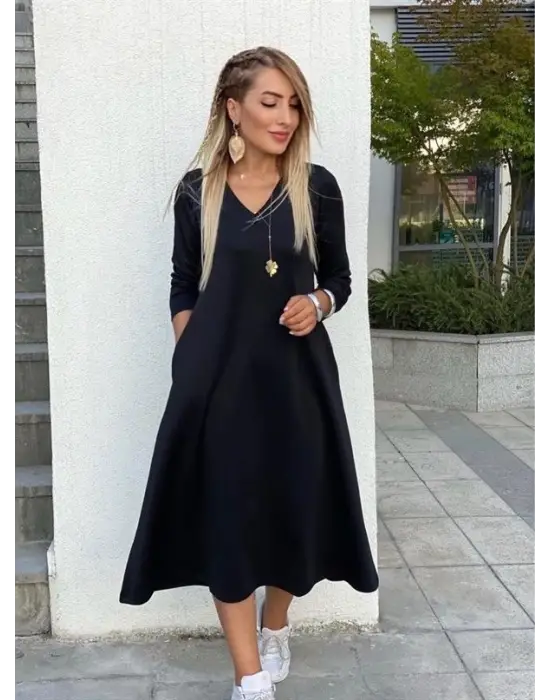 Kadın Uzun Kollu V Yakalı Yanlardan Yırtmaçlı Viskon Iki Iplik Midi Elbise