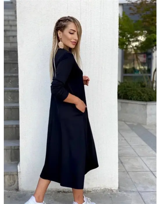 Kadın Uzun Kollu V Yakalı Yanlardan Yırtmaçlı Viskon Iki Iplik Midi Elbise