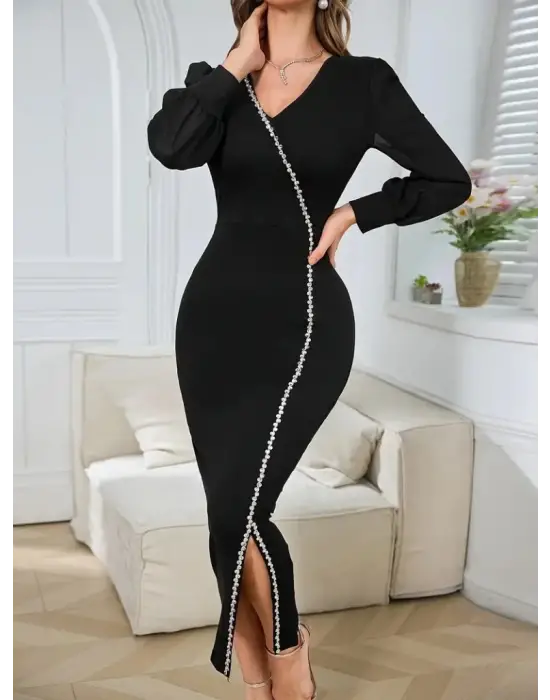 Kadın Uzun Kollu V Yakalı Yırtmaçlı Taşlı Uzun Ithal Krep Elbise