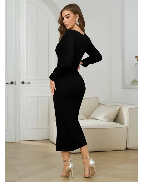 Kadın Uzun Kollu V Yakalı Yırtmaçlı Taşlı Uzun Ithal Krep Elbise