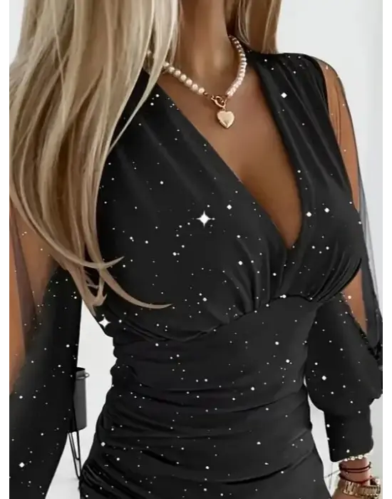 Kadın Uzun Kollu V Yakalısim Detaylı Mini Sandy Elbise