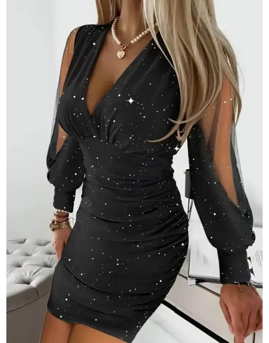 Kadın Uzun Kollu V Yakalısim Detaylı Mini Sandy Elbise