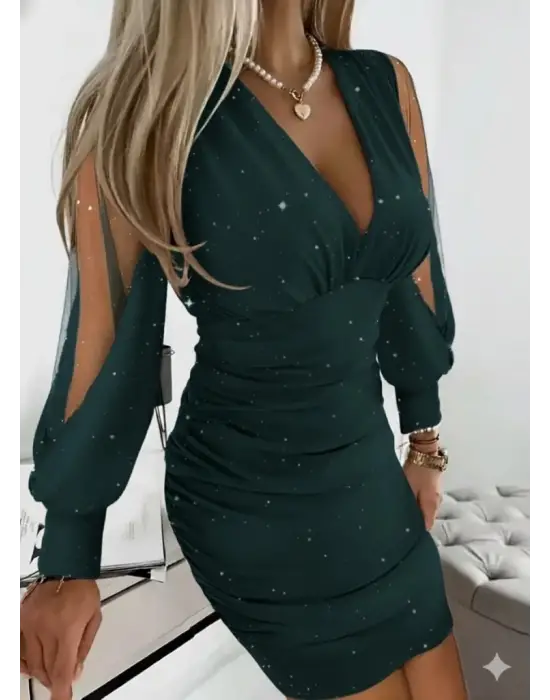 Kadın Uzun Kollu V Yakalısim Detaylı Mini Sandy Elbise