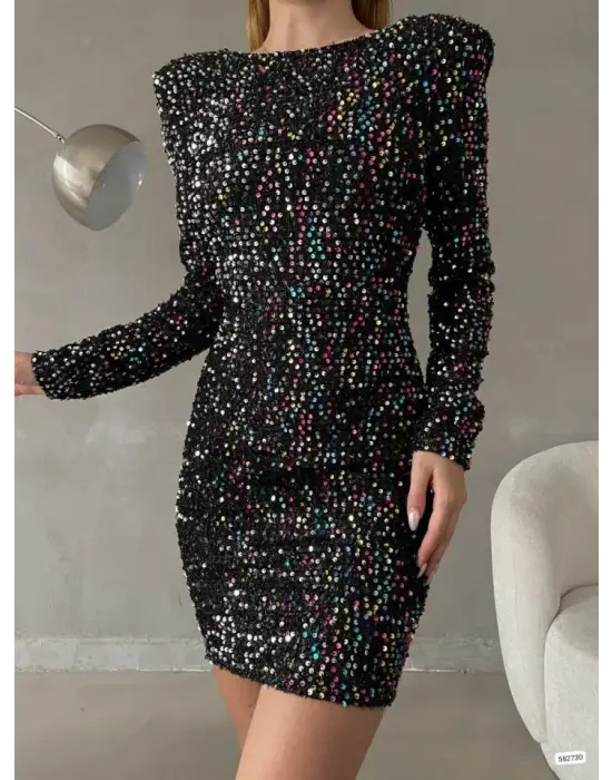 Kadın Uzun Kollu Vatka Detay Full Pul Payet Mini Elbise