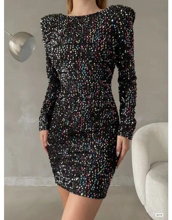 Kadın Uzun Kollu Vatka Detay Full Pul Payet Mini Elbise