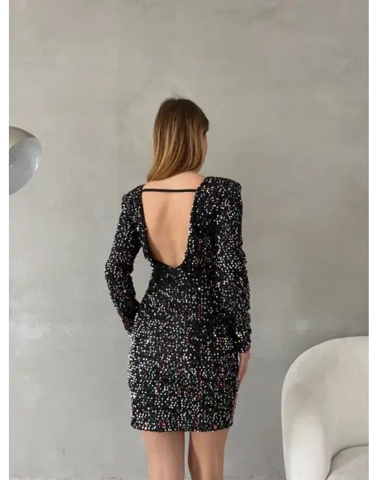 Kadın Uzun Kollu Vatka Detay Full Pul Payet Mini Elbise