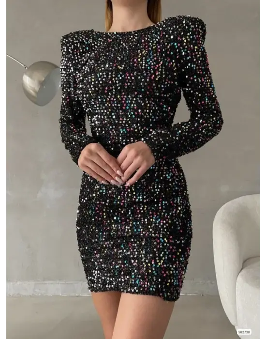 Kadın Uzun Kollu Vatka Detay Full Pul Payet Mini Elbise