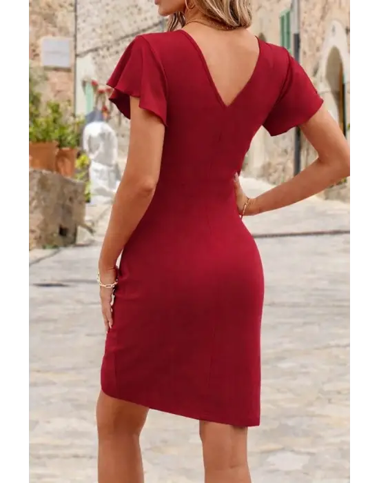 Kadın Uzun Kollu Volanlı Kruvaze Yaka Yanlardan Büzgülü Ithal Krep Elbise