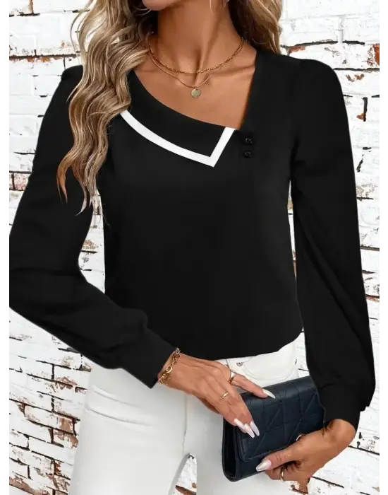 Kadın Uzun Kollu Yaka Detaylı Düğmeli Ithal Krep Bluz