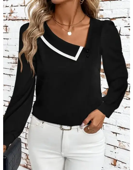 Kadın Uzun Kollu Yaka Detaylı Düğmeli Ithal Krep Bluz