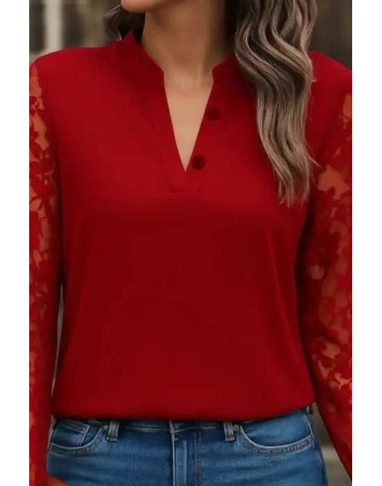 Kadın Uzun Kollu Yaka Düğme Detay Güpürlü Kol Krep Bluz