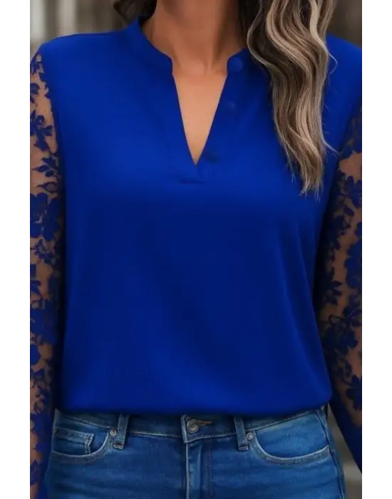 Kadın Uzun Kollu Yaka Düğme Detay Güpürlü Kol Krep Bluz