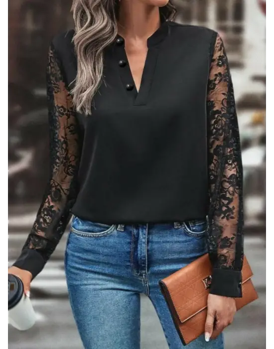 Kadın Uzun Kollu Yaka Düğme Detay Güpürlü Kol Krep Bluz