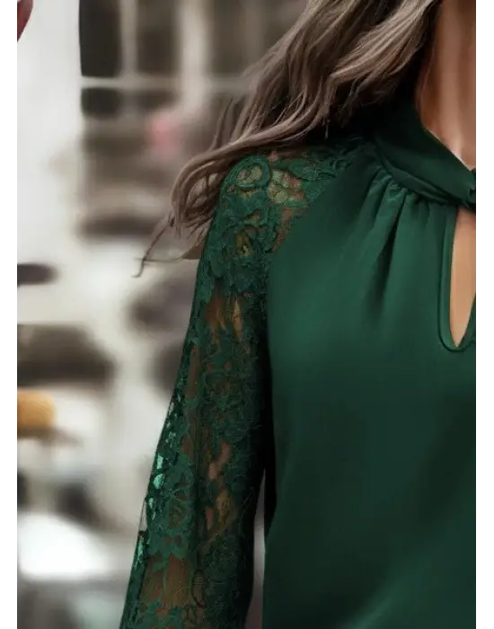 Kadın Uzun Kollu Yaka Düğme Detay Güpürlü Kol Krep Bluz