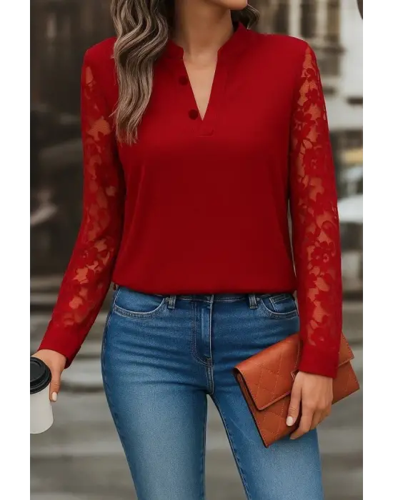 Kadın Uzun Kollu Yaka Düğme Detay Güpürlü Kol Krep Bluz
