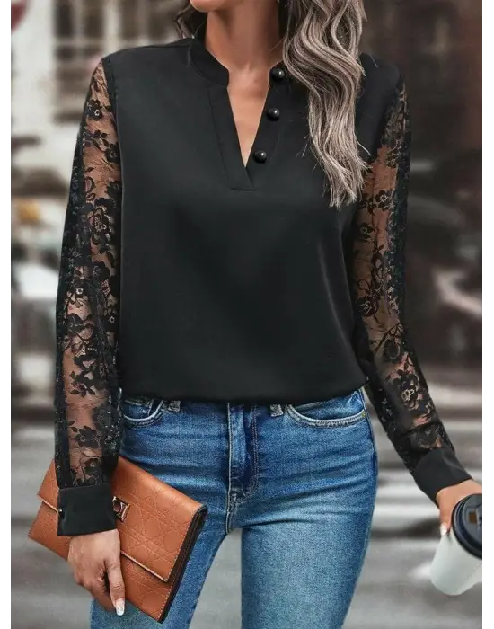 Kadın Uzun Kollu Yaka Düğme Detay Güpürlü Kol Krep Bluz