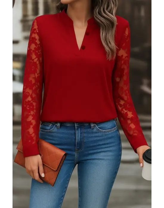 Kadın Uzun Kollu Yaka Düğme Detay Güpürlü Kol Krep Bluz