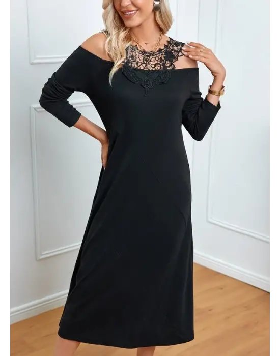 Kadın Uzun Kollu Yaka önü Güpürlü Madonna Yaka Viskon Midi Boy Elbise