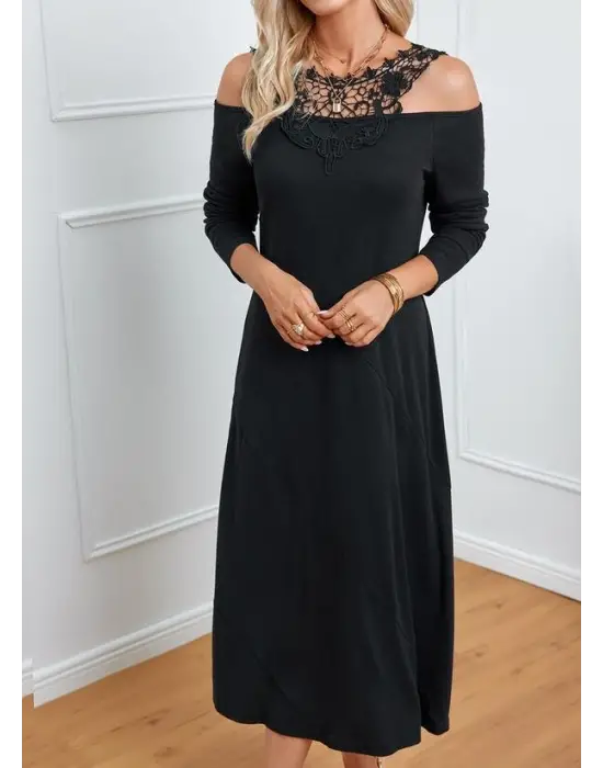 Kadın Uzun Kollu Yaka önü Güpürlü Madonna Yaka Viskon Midi Boy Elbise