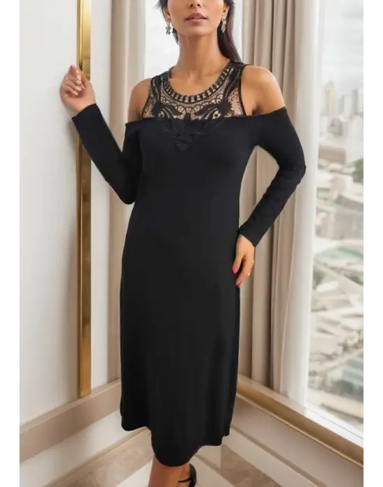 Kadın Uzun Kollu Yaka önü Güpürlü Madonna Yaka Viskon Midi Boy Elbise