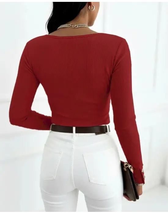 Kadın Uzun Kollu Yakadan Açık Ve Düğme Detaylı Kaşkorse Bluz