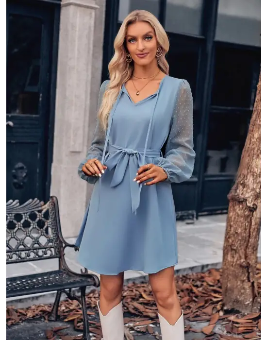 Kadın Uzun Kollu Yakadan Bağcıklı Belden Kuşaklı Ithal Krep Elbise