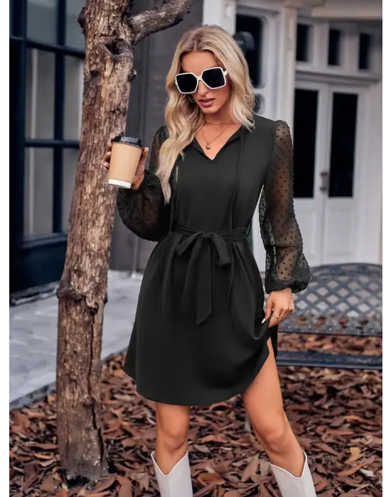 Kadın Uzun Kollu Yakadan Bağcıklı Belden Kuşaklı Ithal Krep Elbise