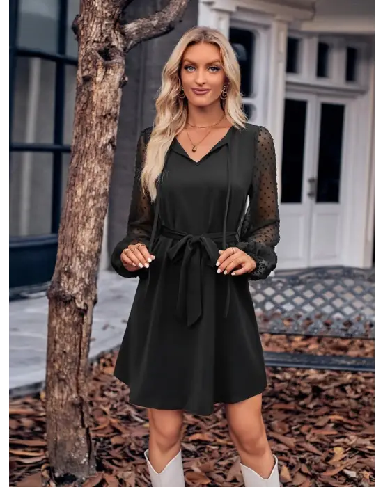 Kadın Uzun Kollu Yakadan Bağcıklı Belden Kuşaklı Ithal Krep Elbise