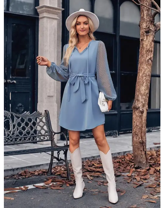 Kadın Uzun Kollu Yakadan Bağcıklı Belden Kuşaklı Ithal Krep Elbise