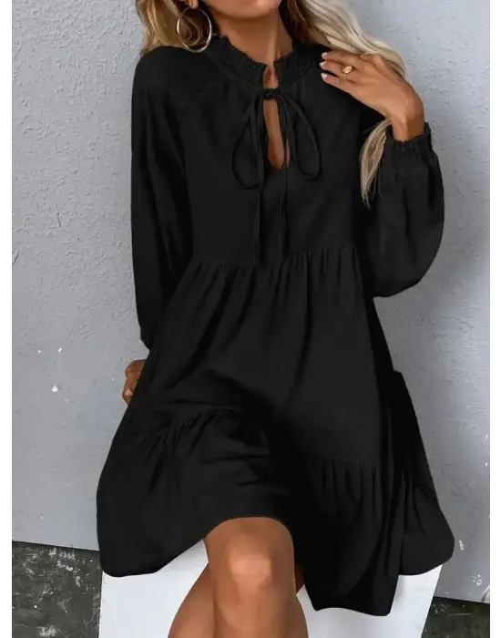 Kadın Uzun Kollu Yakadan Bağcıklı Fırfırlı Keten Mini Elbise
