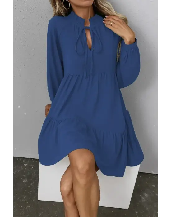 Kadın Uzun Kollu Yakadan Bağcıklı Fırfırlı Keten Mini Elbise