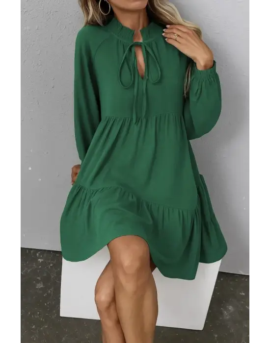 Kadın Uzun Kollu Yakadan Bağcıklı Fırfırlı Keten Mini Elbise