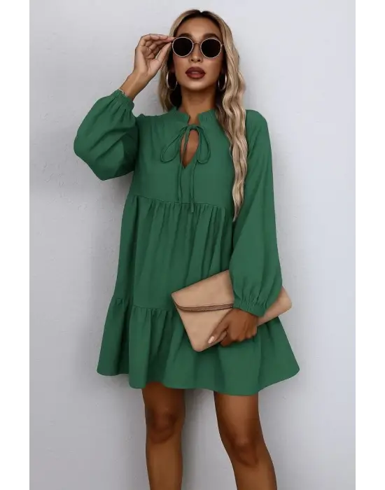 Kadın Uzun Kollu Yakadan Bağcıklı Fırfırlı Keten Mini Elbise