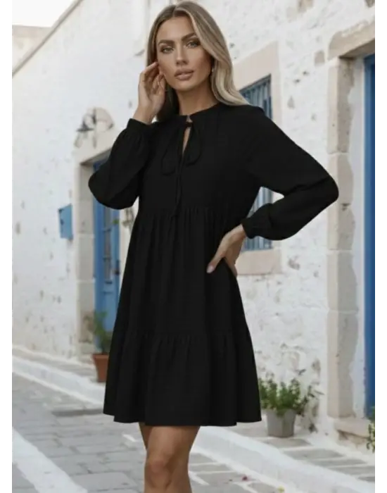 Kadın Uzun Kollu Yakadan Bağcıklı Fırfırlı Keten Mini Elbise
