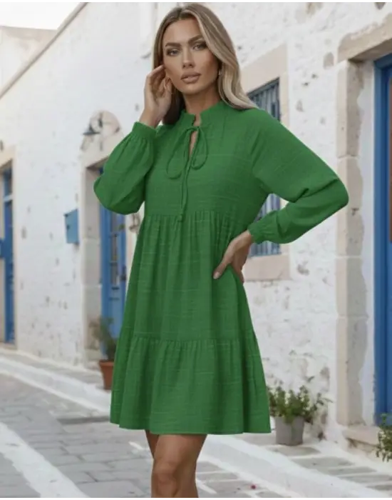 Kadın Uzun Kollu Yakadan Bağcıklı Fırfırlı Keten Mini Elbise