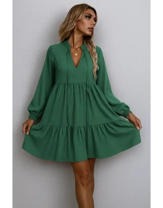 Kadın Uzun Kollu Yakadan Bağcıklı Fırfırlı Keten Mini Elbise