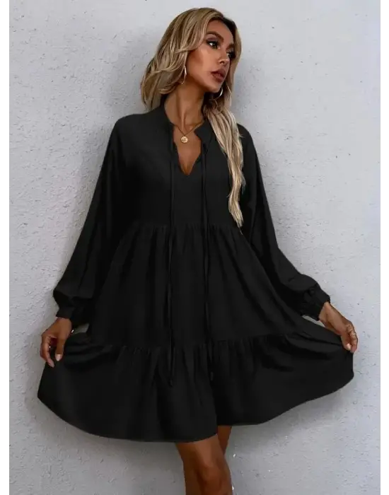 Kadın Uzun Kollu Yakadan Bağcıklı Fırfırlı Keten Mini Elbise