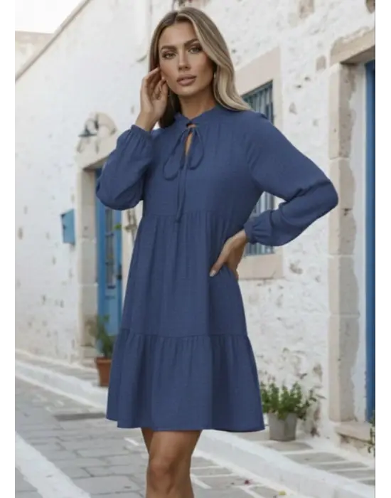 Kadın Uzun Kollu Yakadan Bağcıklı Fırfırlı Keten Mini Elbise