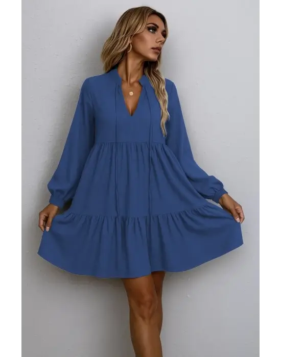 Kadın Uzun Kollu Yakadan Bağcıklı Fırfırlı Keten Mini Elbise